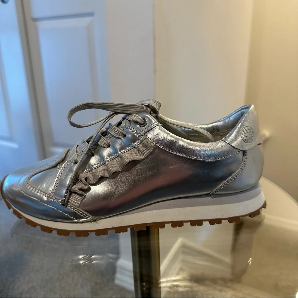 Tory Burch Sport Women's Ruffle Trainer Leather Lace Up Sneakers in Silver
